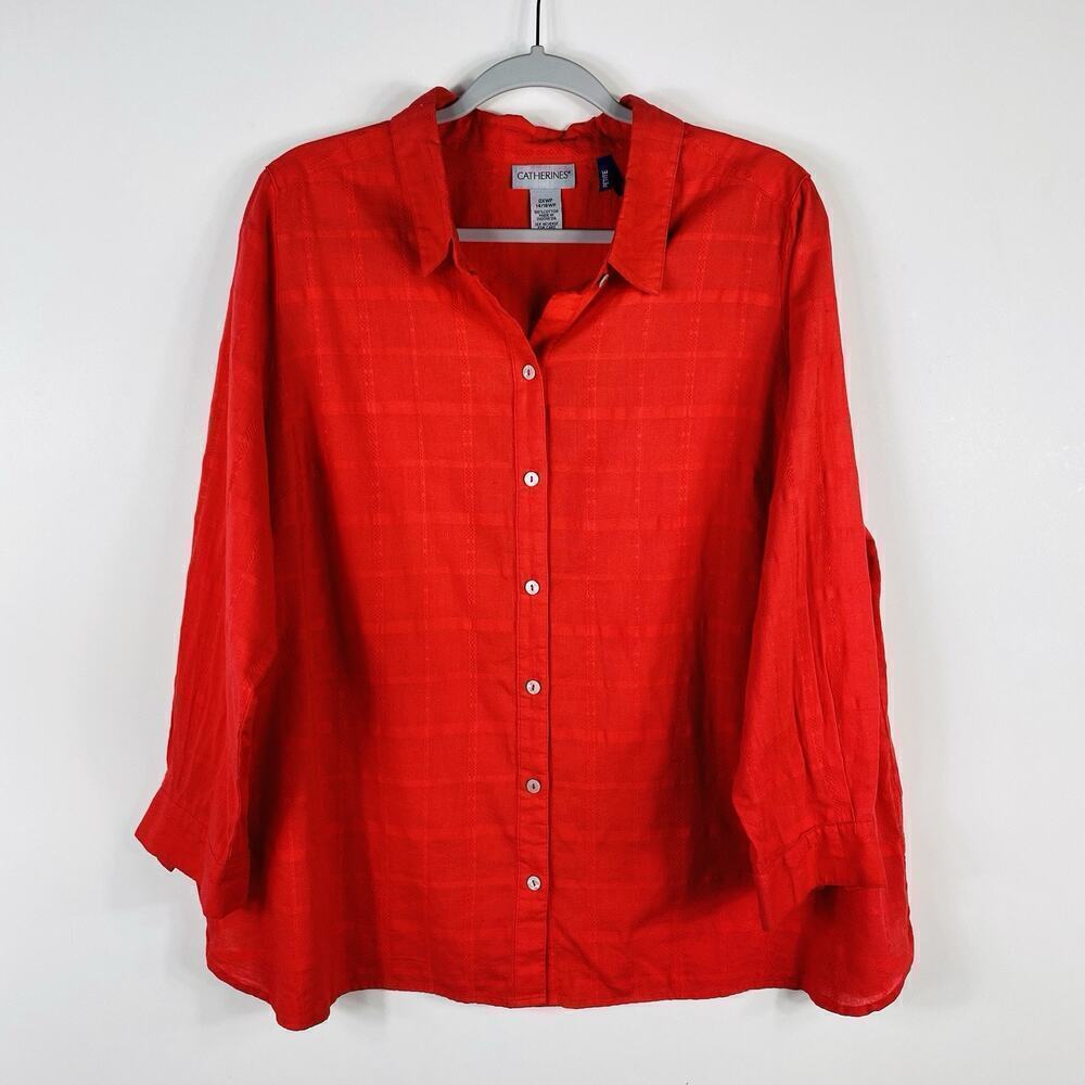 Catherines Plus Size 0X Petite Long Sleeve Button Front Top Orange 100% Cotton